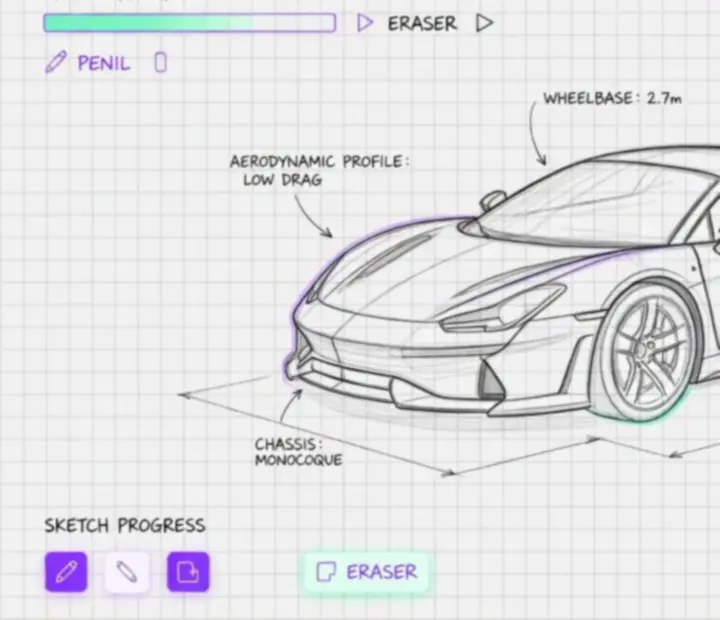 Tryb Blueprint w Draw Car Master przypominający techniczny szkic auta