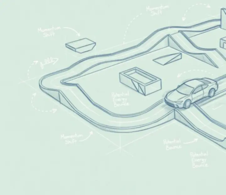 Szkic auta w stylu Draw Car Master pokonujący rampy i przeszkody w stylu blueprint