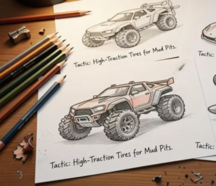 Zestaw szkiców samochodów z Draw Car Master z różnymi strategiami rysowania