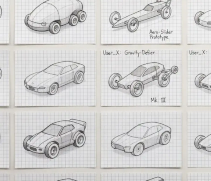 Kreatywne szkice samochodów graczy z gry Draw Car Master pokonujące złożone przeszkody